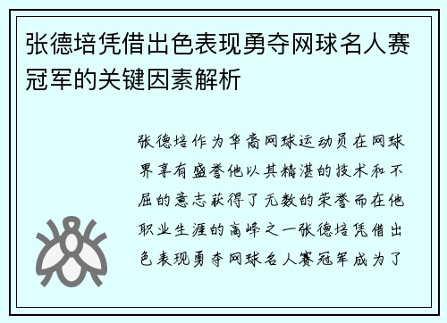 张德培凭借出色表现勇夺网球名人赛冠军的关键因素解析 张德培凭借出色表现勇夺网球名人赛冠军的关键因素解析