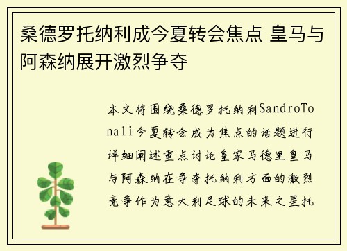 桑德罗托纳利成今夏转会焦点 皇马与阿森纳展开激烈争夺 桑德罗托纳利成今夏转会焦点 皇马与阿森纳展开激烈争夺