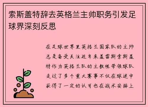索斯盖特辞去英格兰主帅职务引发足球界深刻反思 索斯盖特辞去英格兰主帅职务引发足球界深刻反思