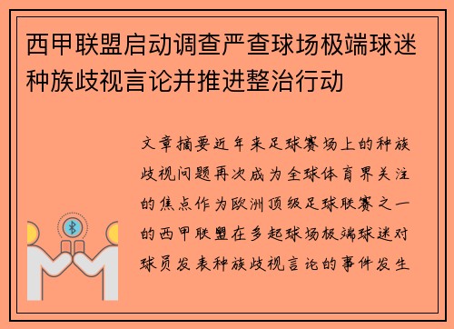 西甲联盟启动调查严查球场极端球迷种族歧视言论并推进整治行动 西甲联盟启动调查严查球场极端球迷种族歧视言论并推进整治行动